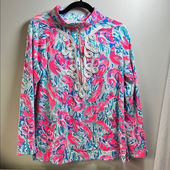 Lilly Pulitzer Coral Cracked Up Skipper Popover with Pink and Blue Patterns - Picture 1 of 6